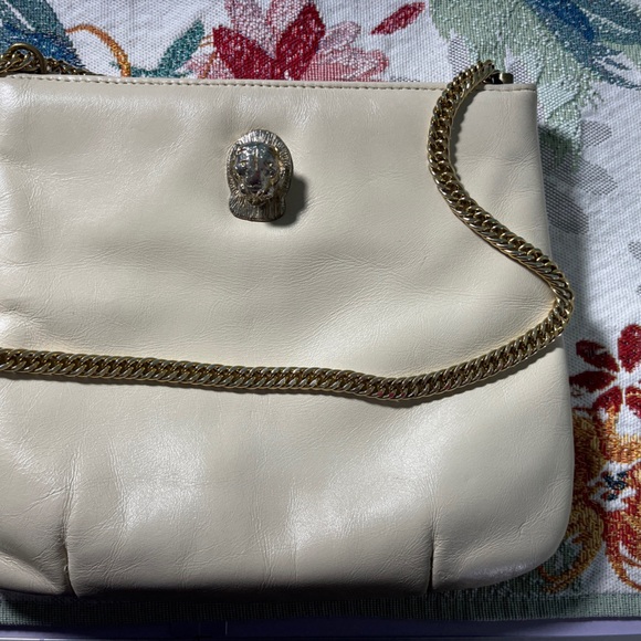 Vintage Ruth Saltz Cream Leather Gold Cougar Head Chain Strap Purse - Picture 3 of 16